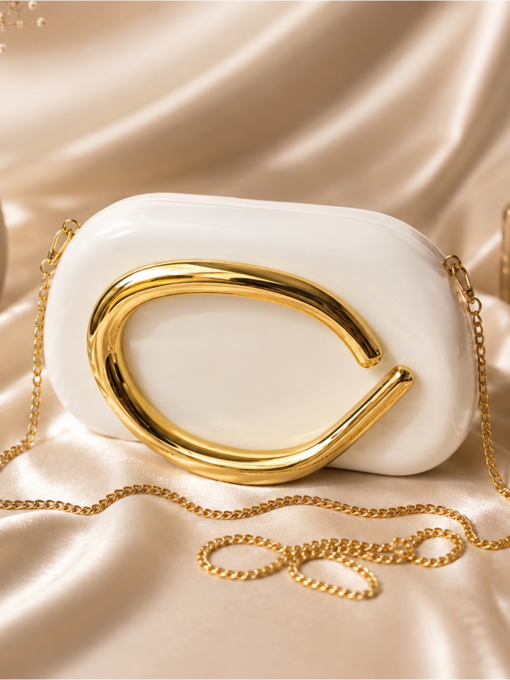 ✨ Statement Acrylic Clutch | Gold Sculptural Handle | Detachable Chain |
